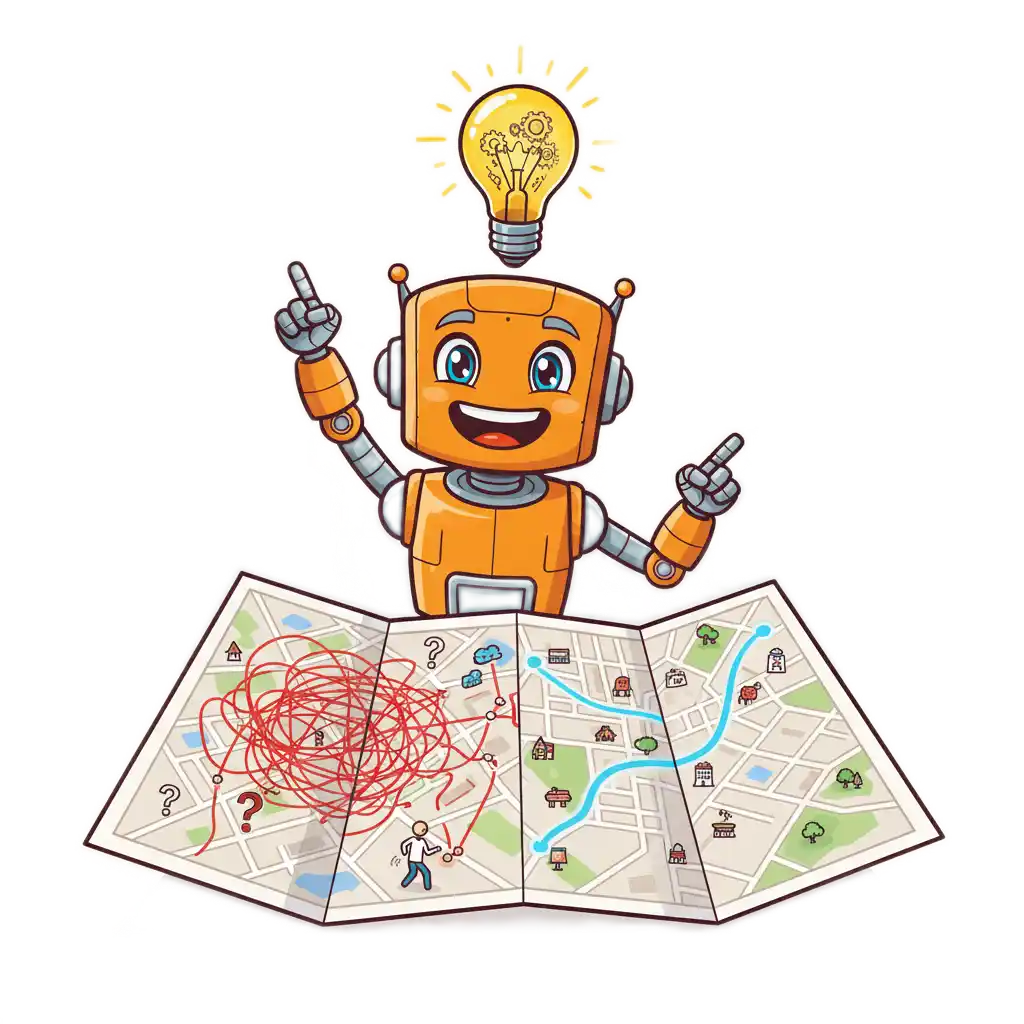 WalkBuilder AI assistant mascot - a friendly robot representing automated tour creation